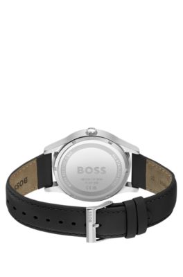 Leather-strap watch with black dial, Silver