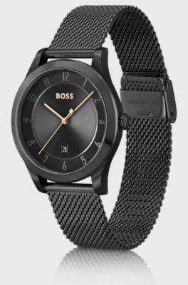 Black-plated watch with mesh bracelet, Black