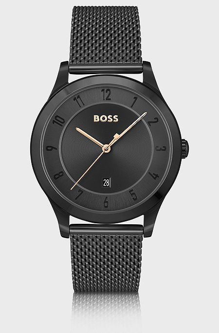 Black-plated watch with mesh bracelet, Black