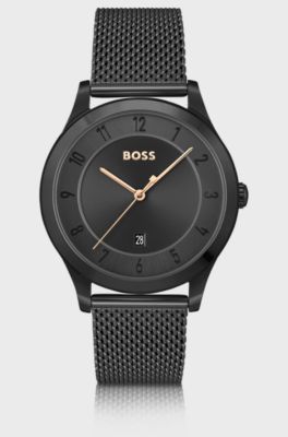 Black-plated watch with mesh bracelet, Black