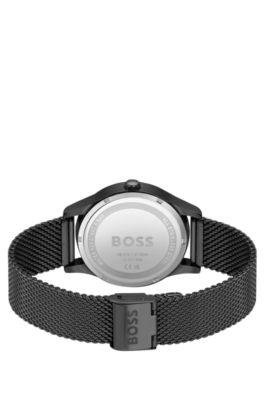 Black-plated watch with mesh bracelet, Black