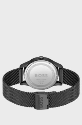 Black-plated watch with mesh bracelet, Black
