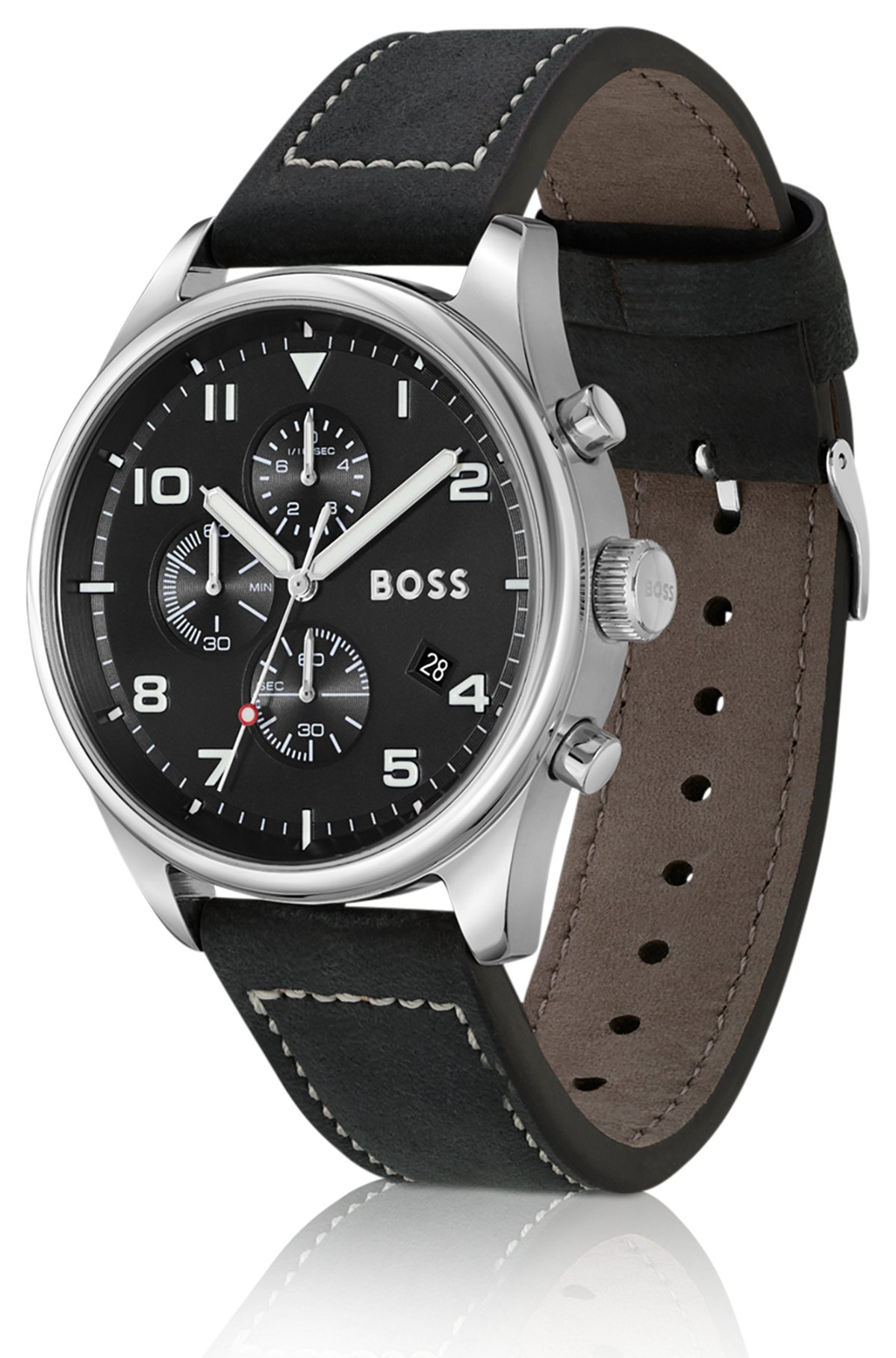 geboren hartstochtelijk Voorwaardelijk BOSS - Leather-strap chronograph watch with sandblasted dial