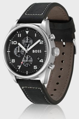 Leather-strap chronograph watch with sandblasted dial, Black