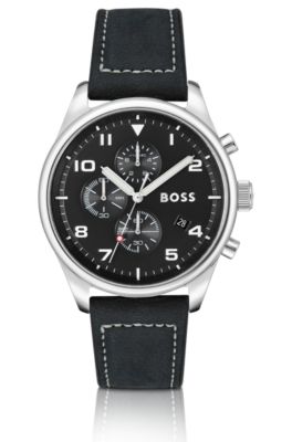 Mens hugo boss aeroliner hot sale chronograph black leather watch