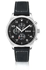 Leather-strap chronograph watch with sandblasted dial, Black