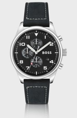 Leather-strap chronograph watch with sandblasted dial, Black