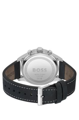 Leather-strap chronograph watch with sandblasted dial, Black