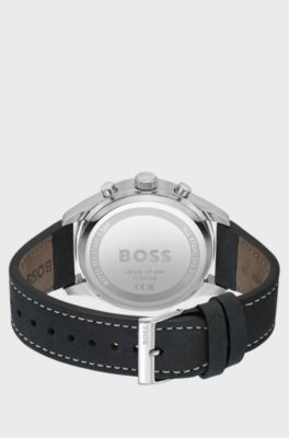 Leather-strap chronograph watch with sandblasted dial, Black