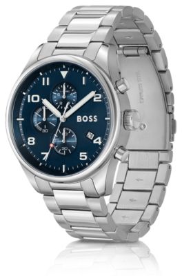 Link-bracelet chronograph watch with sandblasted dial, Silver