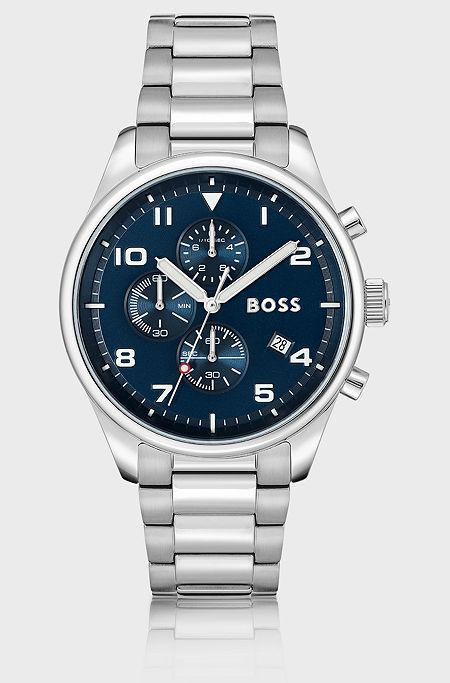 Link-bracelet chronograph watch with sandblasted dial, Silver