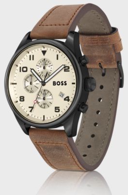 Leather-strap chronograph watch with beige dial, Light Brown