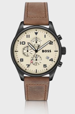 Leather-strap chronograph watch with beige dial, Light Brown