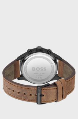 Leather-strap chronograph watch with beige dial, Light Brown