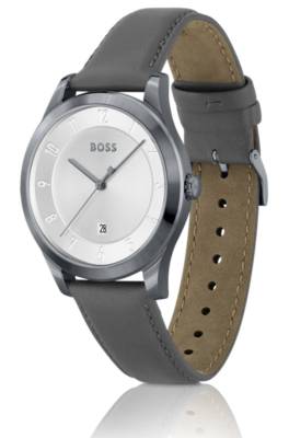 Hugo Boss 가죽 스트랩 그레이 플레이트 워치 In Gray