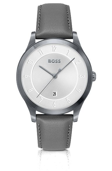 Grey-plated watch with leather strap, Silver