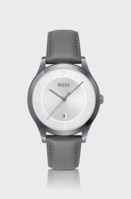 Grey-plated watch with leather strap, Silver