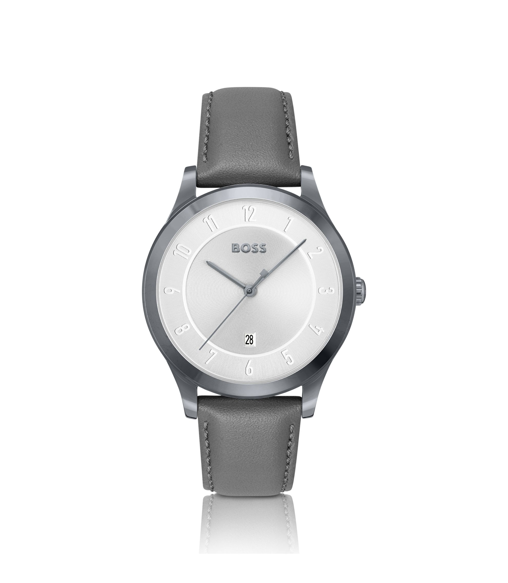 Grau beschichtete Uhr mit Lederarmband