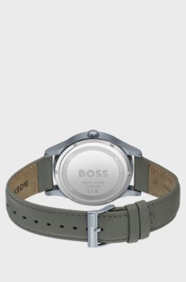 Grey-plated watch with leather strap, Silver