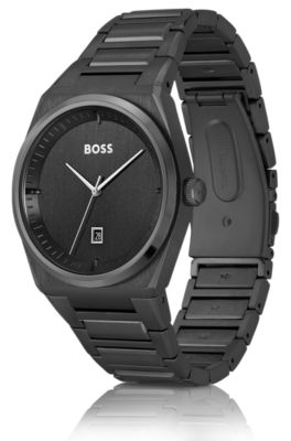 Black-plated watch with link bracelet, Black