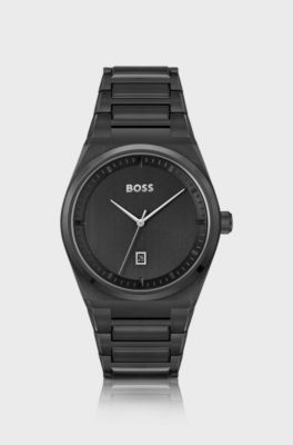 Black-plated watch with link bracelet, Black