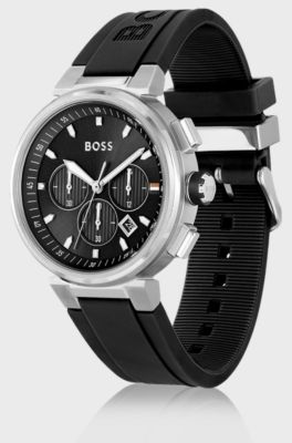 Chronograph watch with logo-embossed black strap, Black