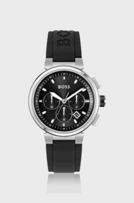 Chronograph watch with logo-embossed black strap, Black