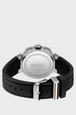 Chronograph watch with logo-embossed black strap, Black