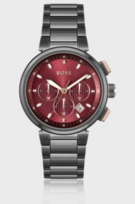 Link-bracelet chronograph watch in grey-plated steel, Silver