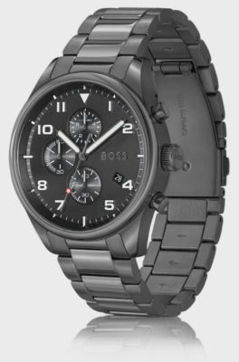 Grey-plated chronograph watch with black dial, Dark Grey