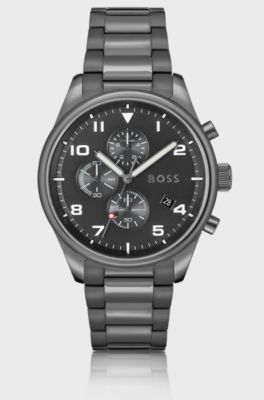 Grey-plated chronograph watch with black dial, Dark Grey