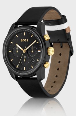 Black-plated chronograph watch with tonal leather strap, Black
