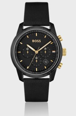 Black-plated chronograph watch with tonal leather strap, Black