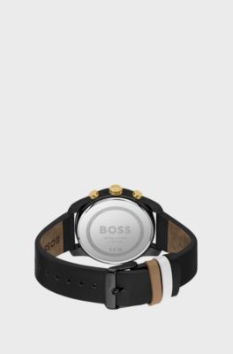 Black-plated chronograph watch with tonal leather strap, Black