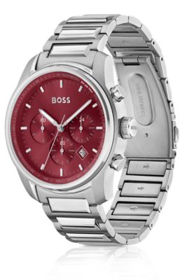 Link-bracelet chronograph watch with Bordeaux dial, Silver