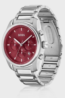Link-bracelet chronograph watch with Bordeaux dial, Silver