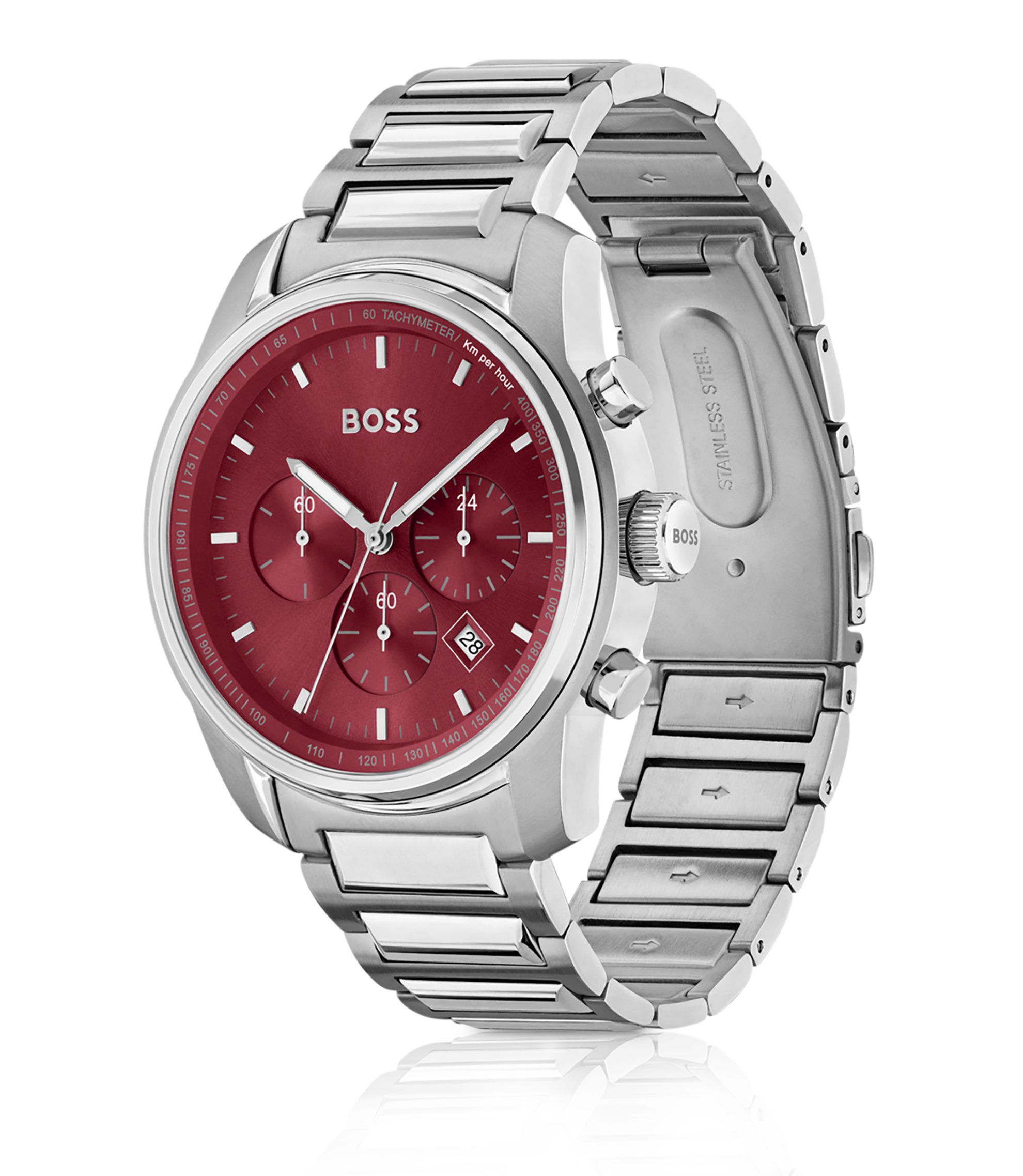 BOSS Chronograph mit Gliederarmband und bordeauxrotem