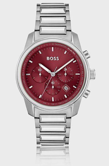 Link-bracelet chronograph watch with Bordeaux dial, Silver