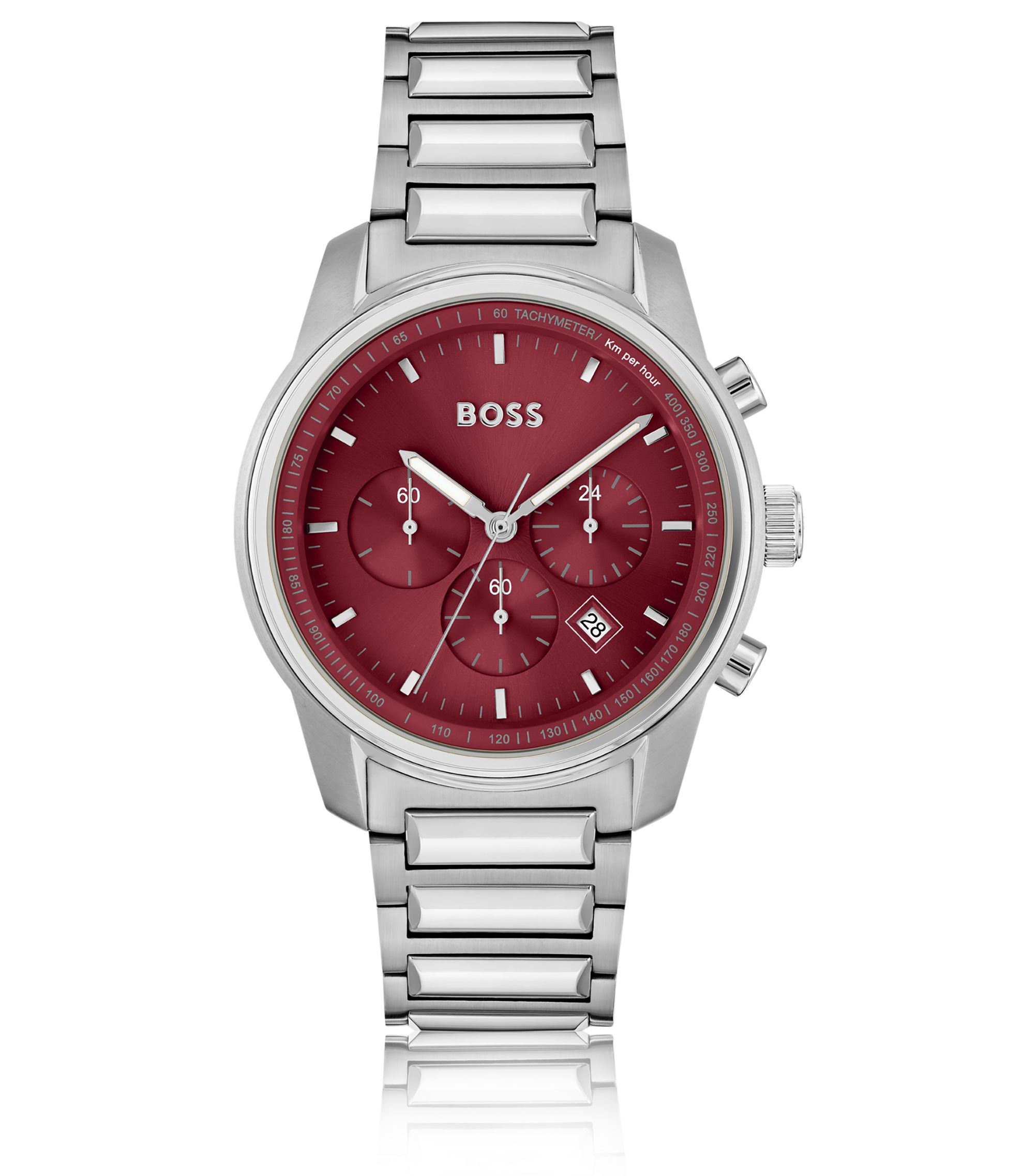 BOSS Chronograph mit Gliederarmband und bordeauxrotem
