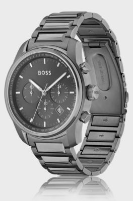 Grey-plated chronograph watch with tonal dial, Dark Grey