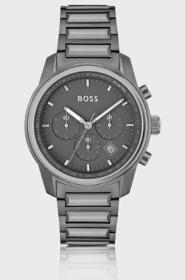 Grey-plated chronograph watch with tonal dial, Dark Grey