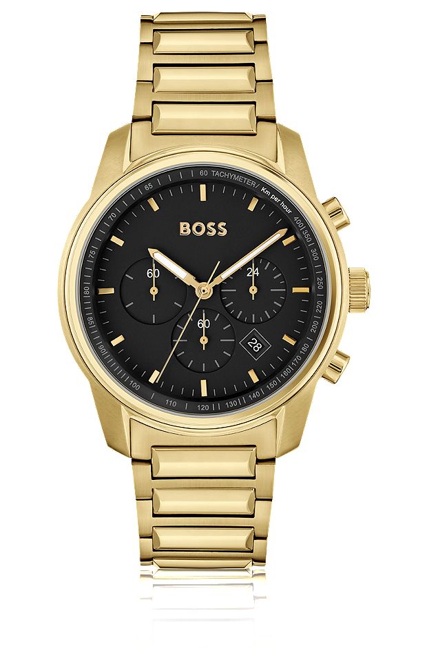 Gold-effect chronograph watch with black dial, Gold