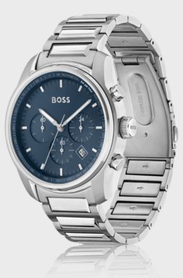 Link-bracelet chronograph watch with blue dial, Silver