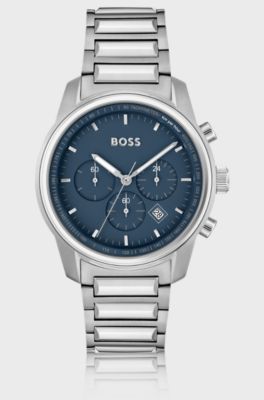 Link-bracelet chronograph watch with blue dial, Silver