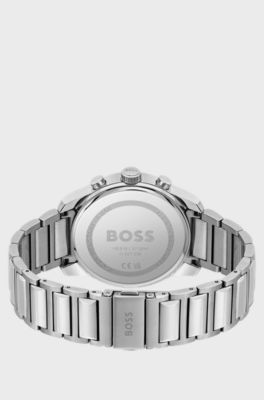 Link-bracelet chronograph watch with blue dial, Silver