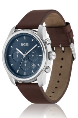 Blue-dial chronograph watch with brown leather strap, Dark Brown