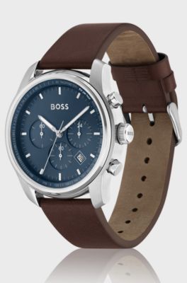 Blue-dial chronograph watch with brown leather strap, Dark Brown