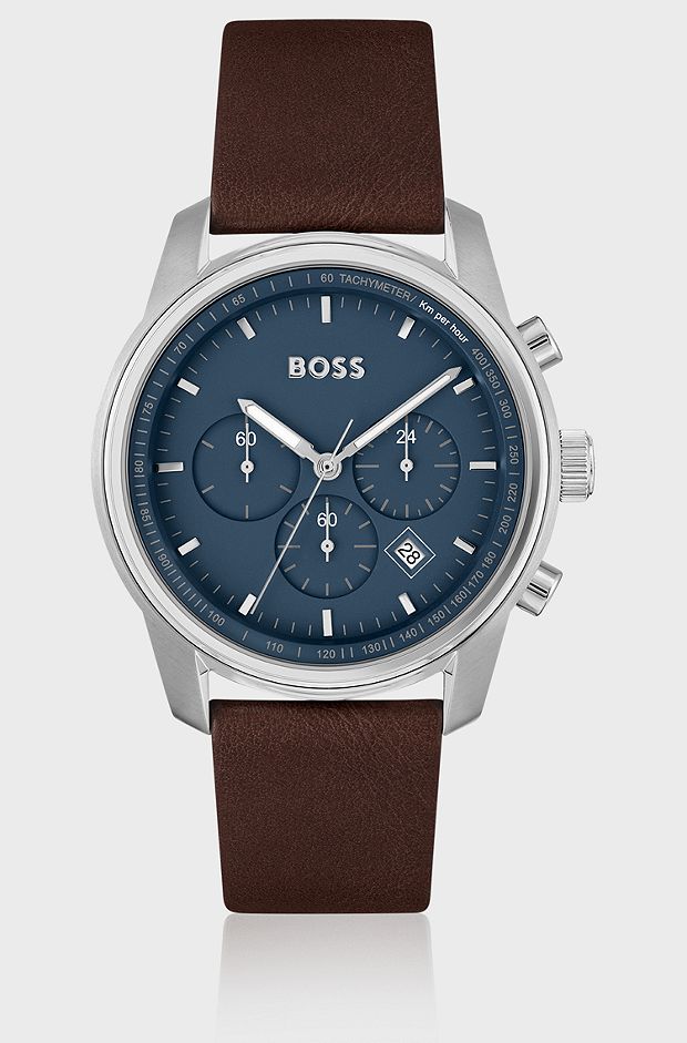 Blue-dial chronograph watch with brown leather strap, Dark Brown