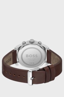 Blue-dial chronograph watch with brown leather strap, Dark Brown
