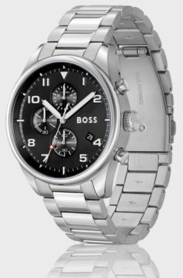 Link-bracelet chronograph watch with black dial, Silver